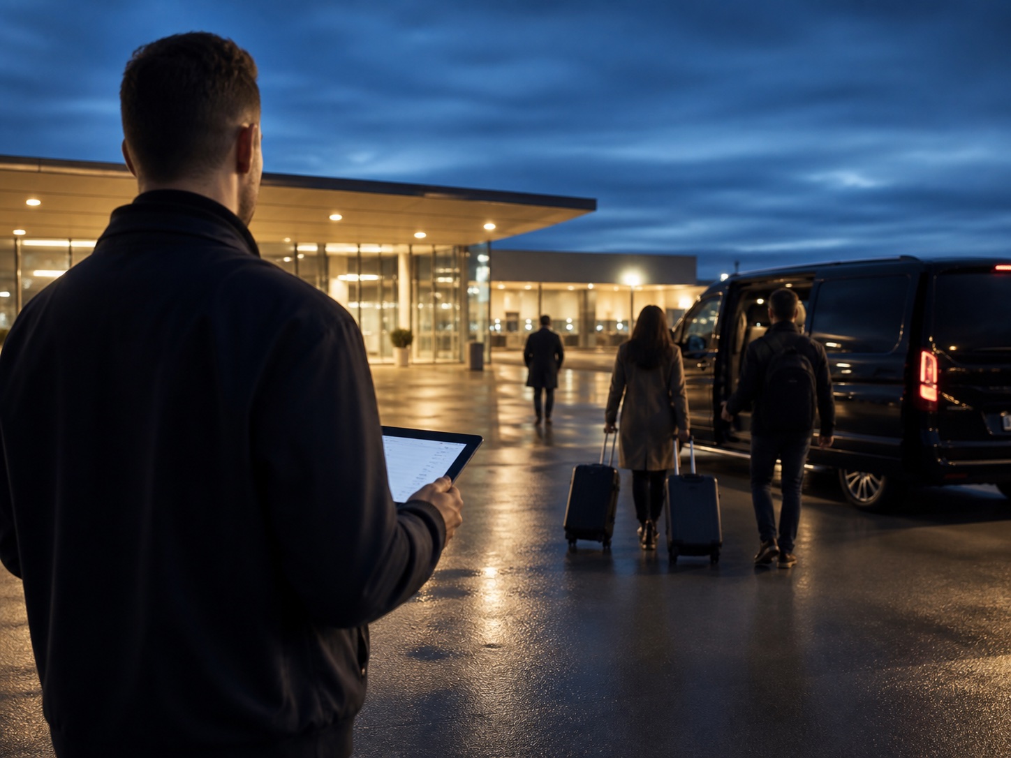 A transport coordinator managing artist arrivals at a private aviation terminal