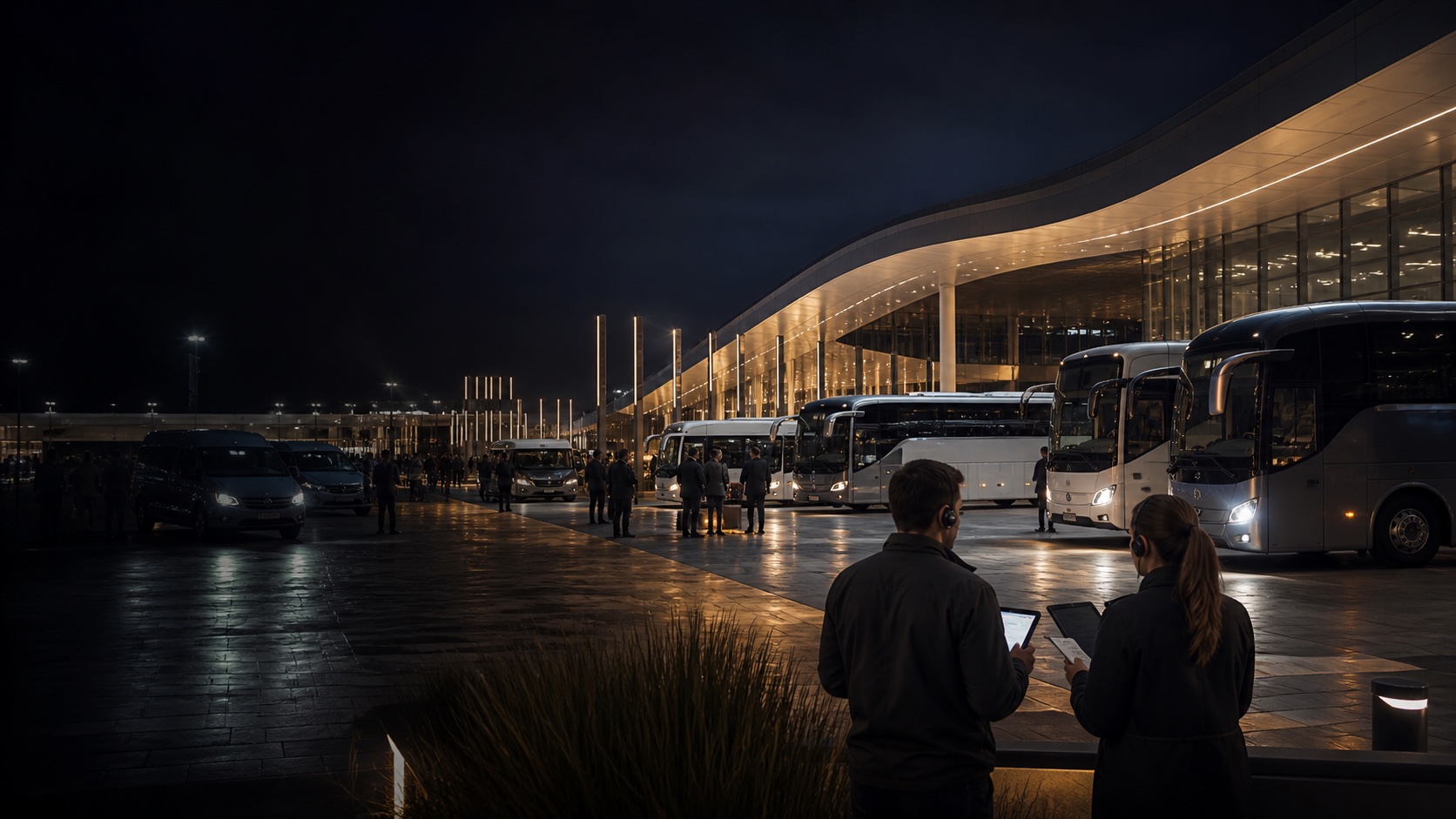 A coordinated fleet of coaches and executive vans at an international event venue